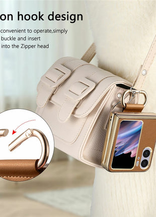 For Oppo Find N2 Flip 5G Case Electroplating Leather Coated PC Phone Cover with Spring Ring Buckle Kickstand