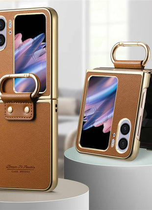 For Oppo Find N2 Flip 5G Case Electroplating Leather Coated PC Phone Cover with Spring Ring Buckle Kickstand