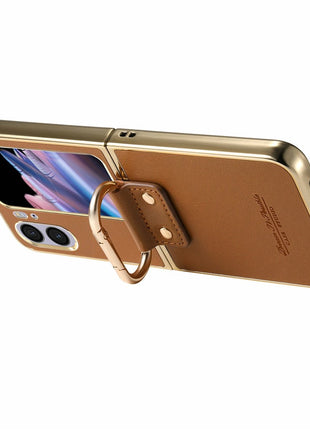 For Oppo Find N2 Flip 5G Case Electroplating Leather Coated PC Phone Cover with Spring Ring Buckle Kickstand