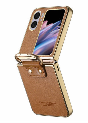 For Oppo Find N2 Flip 5G Case Electroplating Leather Coated PC Phone Cover with Spring Ring Buckle Kickstand