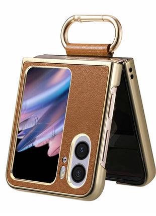 For Oppo Find N2 Flip 5G Case Electroplating Leather Coated PC Phone Cover with Spring Ring Buckle Kickstand