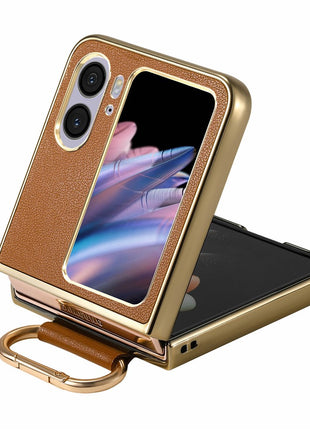 For Oppo Find N2 Flip 5G Case Electroplating Leather Coated PC Phone Cover with Spring Ring Buckle Kickstand