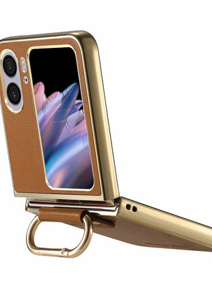 For Oppo Find N2 Flip 5G Case Electroplating Leather Coated PC Phone Cover with Spring Ring Buckle Kickstand