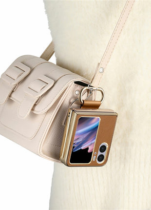 For Oppo Find N2 Flip 5G Case Electroplating Leather Coated PC Phone Cover with Spring Ring Buckle Kickstand