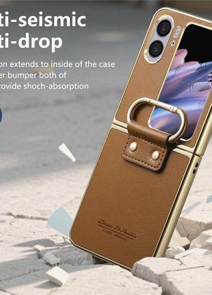 For Oppo Find N2 Flip 5G Case Electroplating Leather Coated PC Phone Cover with Spring Ring Buckle Kickstand