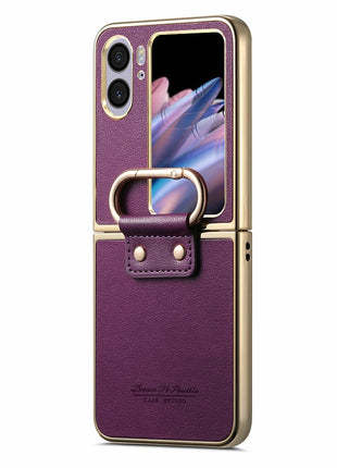 For Oppo Find N2 Flip 5G Case Electroplating Leather Coated PC Phone Cover with Spring Ring Buckle Kickstand