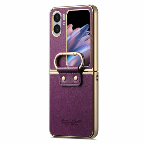 For Oppo Find N2 Flip 5G Case Electroplating Leather Coated PC Phone Cover with Spring Ring Buckle Kickstand