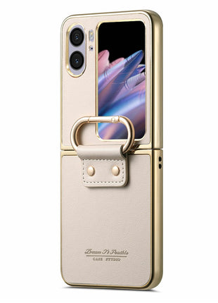 For Oppo Find N2 Flip 5G Case Electroplating Leather Coated PC Phone Cover with Spring Ring Buckle Kickstand