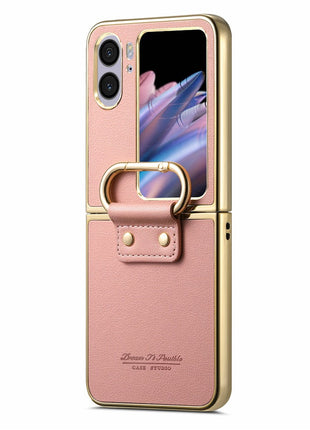 For Oppo Find N2 Flip 5G Case Electroplating Leather Coated PC Phone Cover with Spring Ring Buckle Kickstand