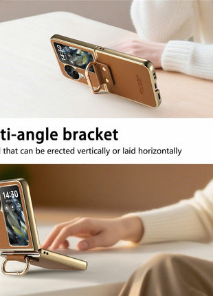 For Oppo Find N3 Flip 5G Case Electroplating Leather Coated PC Phone Cover with Spring Ring Buckle Kickstand
