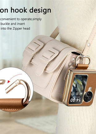 For Oppo Find N3 Flip 5G Case Electroplating Leather Coated PC Phone Cover with Spring Ring Buckle Kickstand