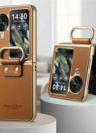 For Oppo Find N3 Flip 5G Case Electroplating Leather Coated PC Phone Cover with Spring Ring Buckle Kickstand