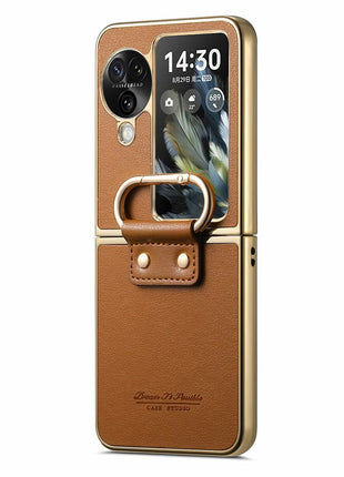 For Oppo Find N3 Flip 5G Case Electroplating Leather Coated PC Phone Cover with Spring Ring Buckle Kickstand