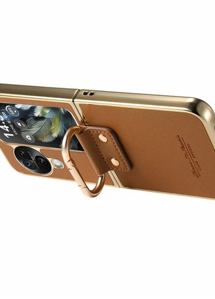For Oppo Find N3 Flip 5G Case Electroplating Leather Coated PC Phone Cover with Spring Ring Buckle Kickstand
