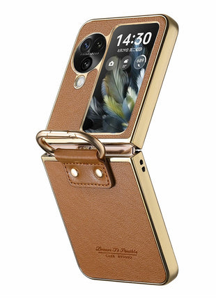 For Oppo Find N3 Flip 5G Case Electroplating Leather Coated PC Phone Cover with Spring Ring Buckle Kickstand