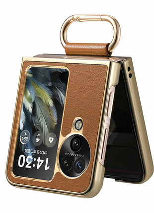 For Oppo Find N3 Flip 5G Case Electroplating Leather Coated PC Phone Cover with Spring Ring Buckle Kickstand