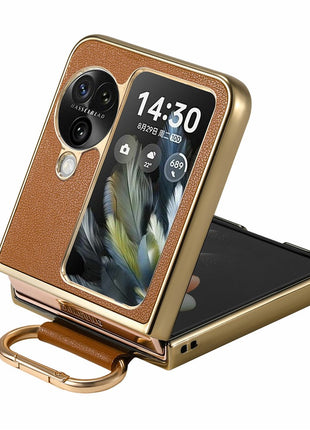 For Oppo Find N3 Flip 5G Case Electroplating Leather Coated PC Phone Cover with Spring Ring Buckle Kickstand