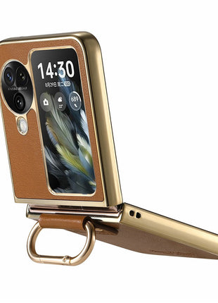 For Oppo Find N3 Flip 5G Case Electroplating Leather Coated PC Phone Cover with Spring Ring Buckle Kickstand