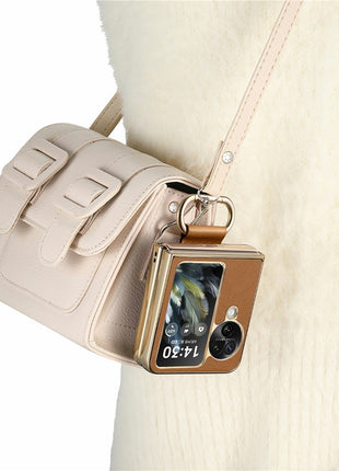 For Oppo Find N3 Flip 5G Case Electroplating Leather Coated PC Phone Cover with Spring Ring Buckle Kickstand