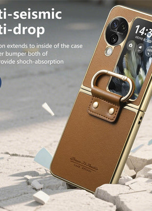 For Oppo Find N3 Flip 5G Case Electroplating Leather Coated PC Phone Cover with Spring Ring Buckle Kickstand