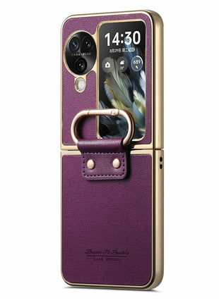 For Oppo Find N3 Flip 5G Case Electroplating Leather Coated PC Phone Cover with Spring Ring Buckle Kickstand