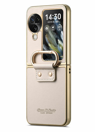 For Oppo Find N3 Flip 5G Case Electroplating Leather Coated PC Phone Cover with Spring Ring Buckle Kickstand