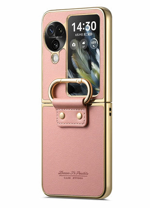 For Oppo Find N3 Flip 5G Case Electroplating Leather Coated PC Phone Cover with Spring Ring Buckle Kickstand