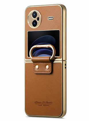 For vivo X Flip Case Electroplating Leather Coated PC Phone Cover with Spring Ring Buckle Kickstand