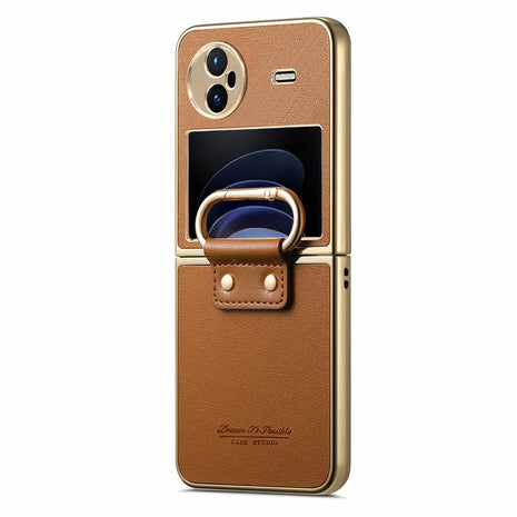 For vivo X Flip Case Electroplating Leather Coated PC Phone Cover with Spring Ring Buckle Kickstand
