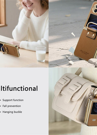 For vivo X Flip Case Electroplating Leather Coated PC Phone Cover with Spring Ring Buckle Kickstand