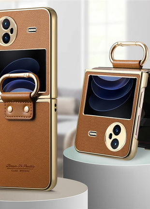 For vivo X Flip Case Electroplating Leather Coated PC Phone Cover with Spring Ring Buckle Kickstand