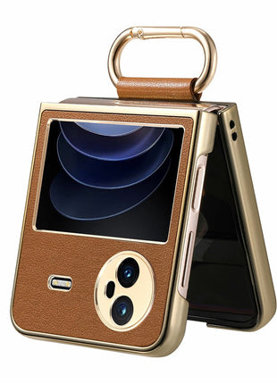 For vivo X Flip Case Electroplating Leather Coated PC Phone Cover with Spring Ring Buckle Kickstand