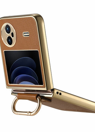 For vivo X Flip Case Electroplating Leather Coated PC Phone Cover with Spring Ring Buckle Kickstand