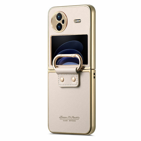 For vivo X Flip Case Electroplating Leather Coated PC Phone Cover with Spring Ring Buckle Kickstand
