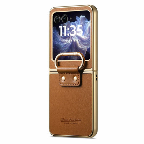 For Motorola Razr 60 Case Electroplating Leather Coated PC Phone Cover with Spring Ring Buckle Kickstand