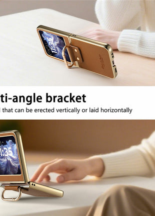 For Motorola Razr 60 Case Electroplating Leather Coated PC Phone Cover with Spring Ring Buckle Kickstand