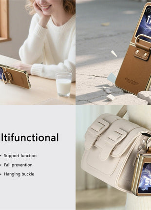 For Motorola Razr 60 Case Electroplating Leather Coated PC Phone Cover with Spring Ring Buckle Kickstand