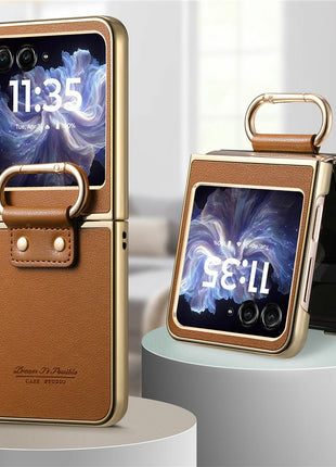 For Motorola Razr 60 Case Electroplating Leather Coated PC Phone Cover with Spring Ring Buckle Kickstand