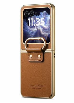 For Motorola Razr 60 Case Electroplating Leather Coated PC Phone Cover with Spring Ring Buckle Kickstand