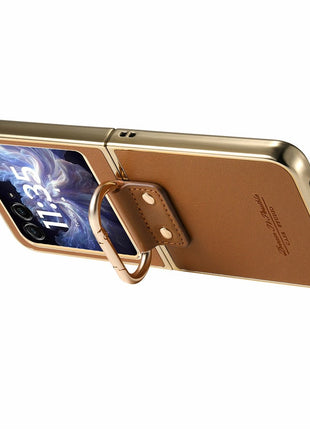 For Motorola Razr 60 Case Electroplating Leather Coated PC Phone Cover with Spring Ring Buckle Kickstand