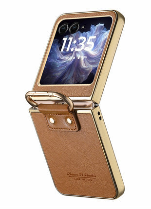 For Motorola Razr 60 Case Electroplating Leather Coated PC Phone Cover with Spring Ring Buckle Kickstand