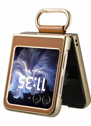 For Motorola Razr 60 Case Electroplating Leather Coated PC Phone Cover with Spring Ring Buckle Kickstand