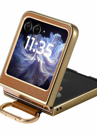 For Motorola Razr 60 Case Electroplating Leather Coated PC Phone Cover with Spring Ring Buckle Kickstand