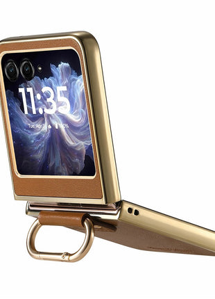 For Motorola Razr 60 Case Electroplating Leather Coated PC Phone Cover with Spring Ring Buckle Kickstand