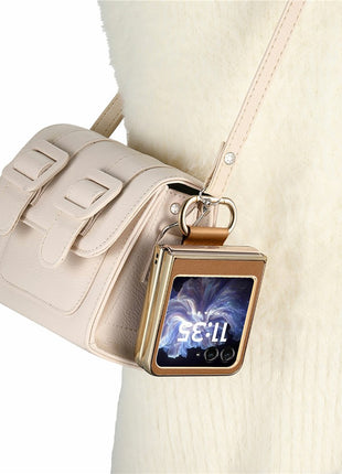 For Motorola Razr 60 Case Electroplating Leather Coated PC Phone Cover with Spring Ring Buckle Kickstand