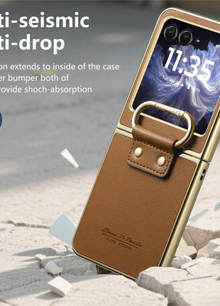 For Motorola Razr 60 Case Electroplating Leather Coated PC Phone Cover with Spring Ring Buckle Kickstand