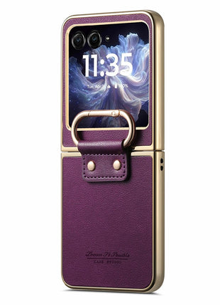 For Motorola Razr 60 Case Electroplating Leather Coated PC Phone Cover with Spring Ring Buckle Kickstand