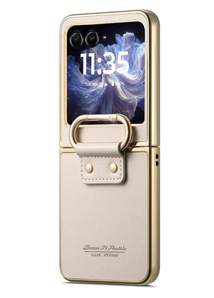 For Motorola Razr 60 Case Electroplating Leather Coated PC Phone Cover with Spring Ring Buckle Kickstand