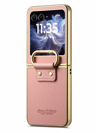 For Motorola Razr 60 Case Electroplating Leather Coated PC Phone Cover with Spring Ring Buckle Kickstand