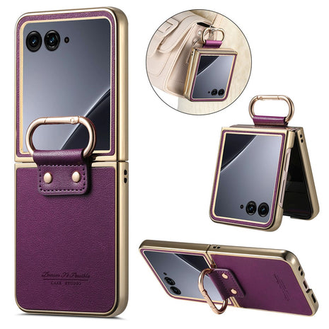 For Motorola Razr 60 Ultra 5G Case Electroplating Leather Coated PC Phone Cover with Spring Ring Buckle Kickstand